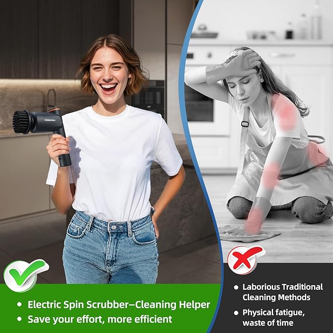 Electric Spin Scrubber, ‌Cordless Cleaning Brush with 6 Replaceable Heads‌, ‌2 Speeds & 4-Hour Runtime‌, IPX7 Waterproof, Shower Scrubber with LCD Display, ‌Bathroom, Kitchen, Car, Gray-Black