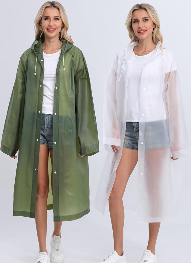 2-Pack Reusable Rain Ponchos for Adults, HOOMBOOM Raincoats Emergency for Women/Men with Drawstring and Sleeves