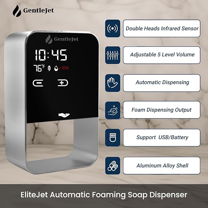 EliteJet Automatic Foaming Soap Dispenser Touchless - Wall Mount & Countertop, Aluminum Alloy Body, Automatic Soap Dispenser Touchless with Dual Power (USB/Battery), LED Display