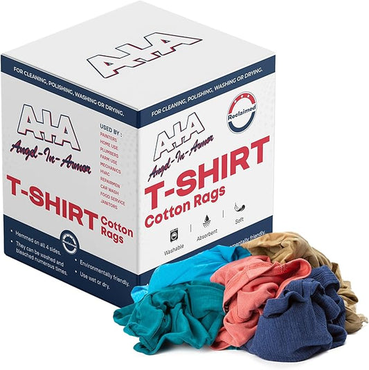 Angel-in-Armor Colored T-Shirt Rags – 50lb Bulk Box of Recycled Cotton Knit Shop Rags (500 Units) – Low Lint Cleaning Cloths for Mechanics, Oil Changes, Industrial and Commercial Use