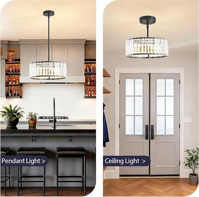 Black Crystal Chandelier for Dining Room,Modern Semi Flush Mount Ceiling Light Fixtures,3-Ligh Round Kitchen Hanging Drum Pendant Light Fixture for Hallway Entryway Foyer Laundry Room, 12''