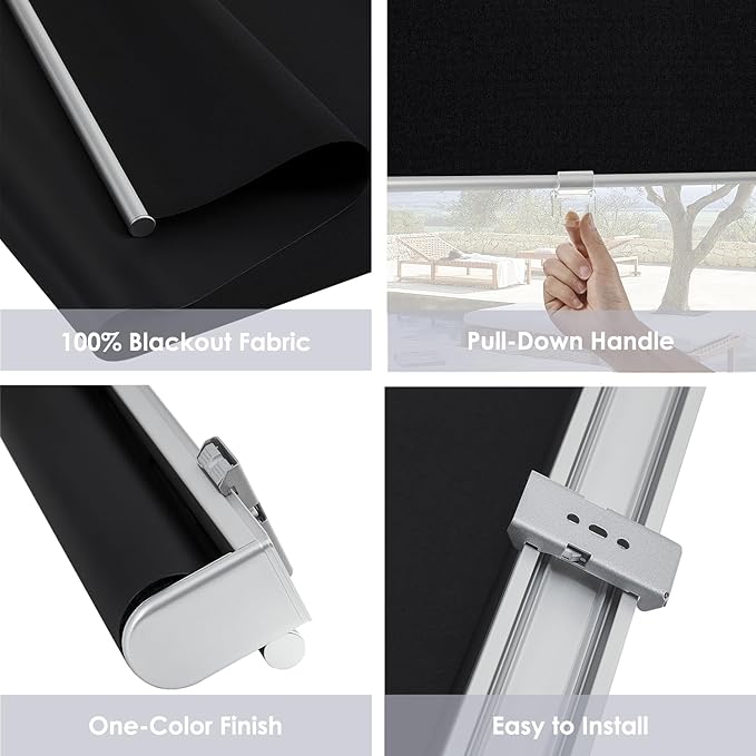 Cordless 100% Blackout Roller Shades for Windows,UV Protection Pull Down Shades,Room Darkening Door Blinds Thermal Insulated Fabric for Home Office and Bedroom(67" W x 72" H,Black)