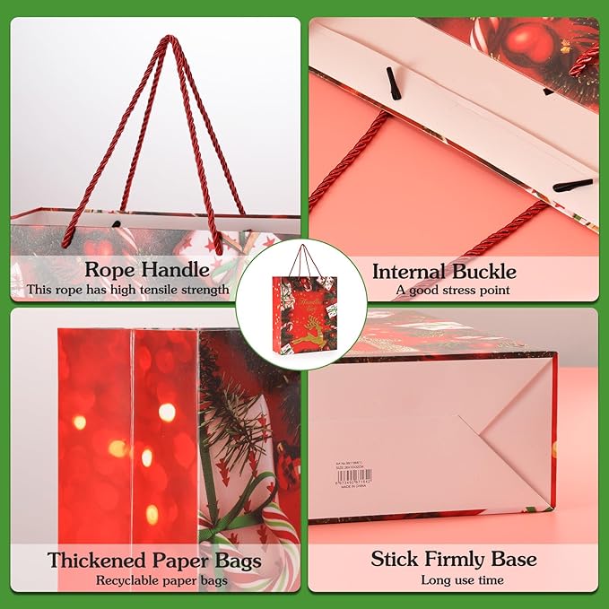 Rusikia 12 Christmas Gift Bags with 12 Tissues and 1 Satin Ribbon, Red Party Favor Bags Bulk with Handles, Glittery Cute Tree Balls Merry Deer Paper Bag for Wrapping Present (Small 9"x7"x3")