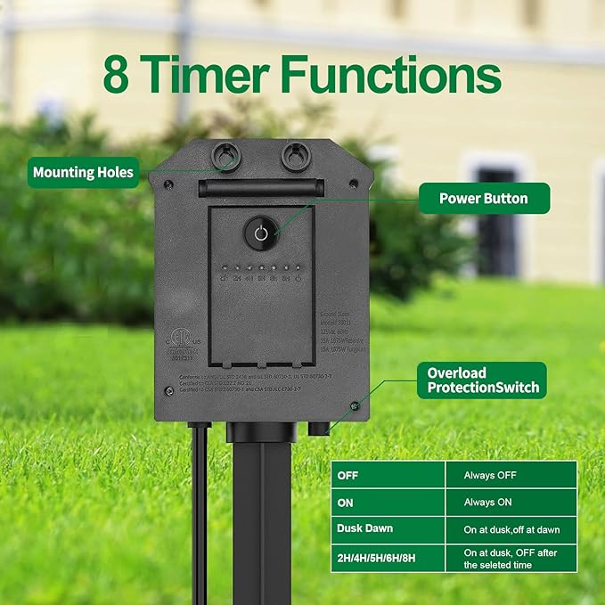 TiFFCOFiO Outdoor Power Stake Timer, 100FT Remote Control, Dusk to Dawn Christmas Light Timer, 6FT Extension Cord Waterproof, 6 Grounded Outlets for Outdoor Christmas Decorations, ETL Listed