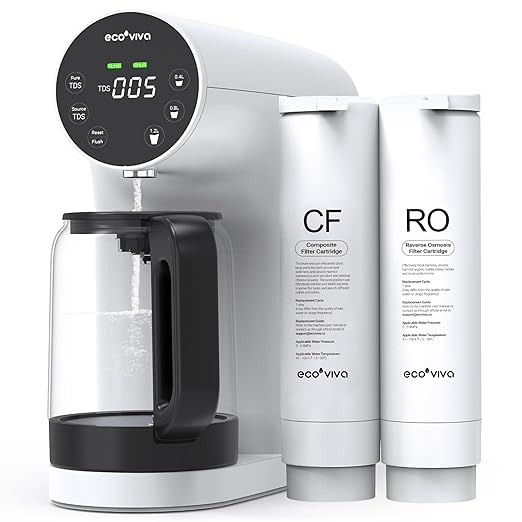 Ecoviva Countertop Reverse Osmosis System RO Water Filter, 5-Stage Filtration, Real-time TDS Monitor, BPA Free, 3:1 Pure to Drain, Indoor No Installation Desktop Portable Water Purifier, White