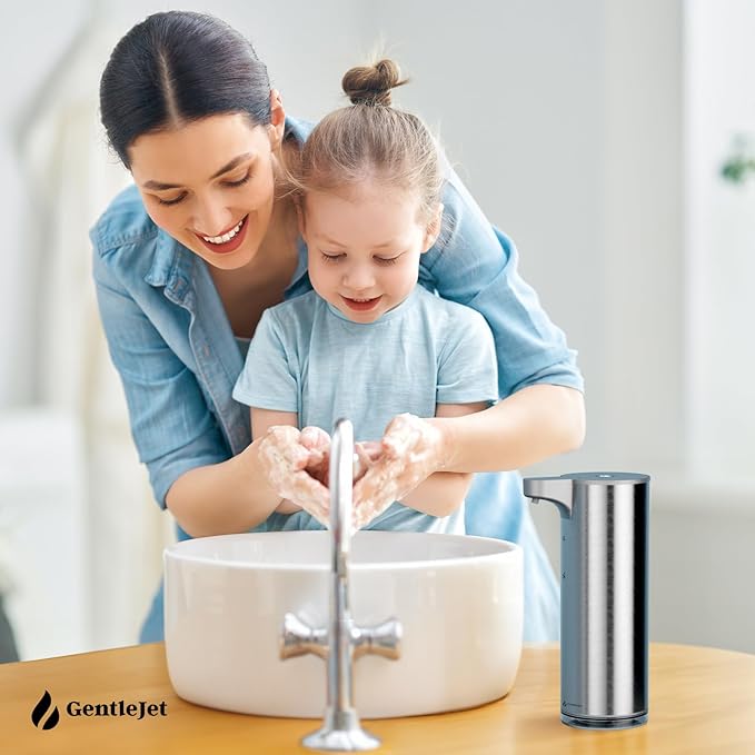EasyFoam Automatic Foaming Soap Dispenser - Rechargeable Automatic Soap Dispenser Touchless for Bathroom or Kitchen, Motion Sensor, 2 Levels, IPX5 Water-Resistant, 9.5oz (Silver)