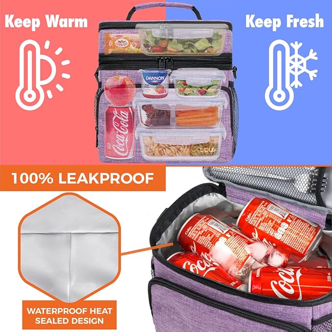 opux Insulated Lunch Bag for Men Women, Large Dual Compartment Cooler Bag, Soft Two Deck Lunch Box for Work School Picnic, Leakproof Lunch Tote with Shoulder Strap for Kid Adult (Purple, Double Deck)