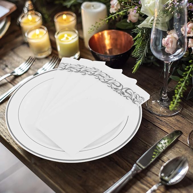 FOCUSLINE 100 Linen Feel Bathroom Napkins, Soft and Absorbent Disposable Guest Towels, Cloth-Like Paper Hand Towels Decorative Napkins for Dinners, Parties, Weddings or Events, Silver, 12" x 17"