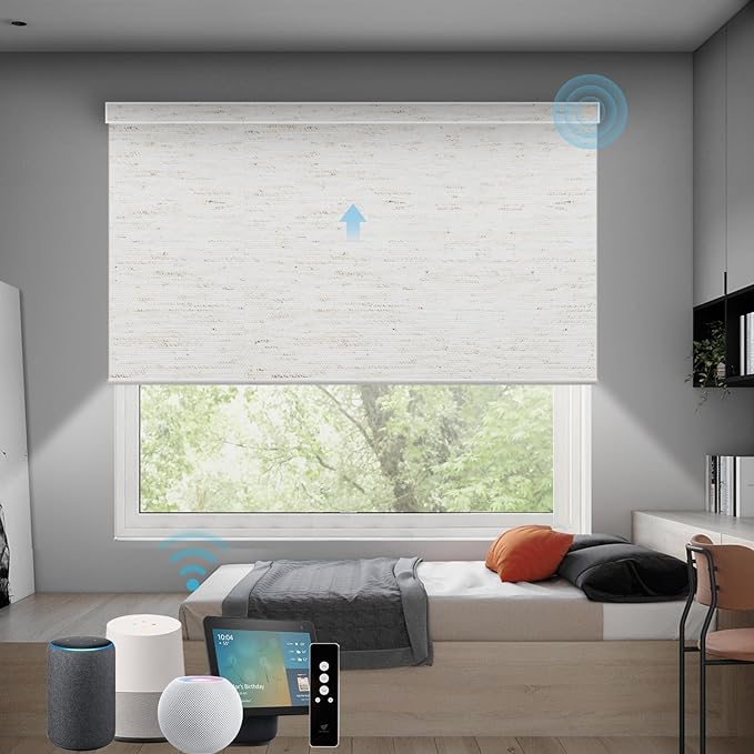 SmartWings Motorized Roller Shades Work with Homekit, 100% Blackout Smart Blinds for Windows, Cordless Remote Control Window Shades, Linen White, Customized Size