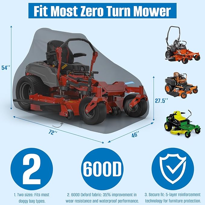 SIRUITON Zero Turn Mower Cover, Heavy Duty 600D Oxford Zero Turn Mower UV Dust Waterproof Protection Cover, Outdoor Garden Lawn Mower Tractor Covers Fits Up to 54" With Storage Bag
