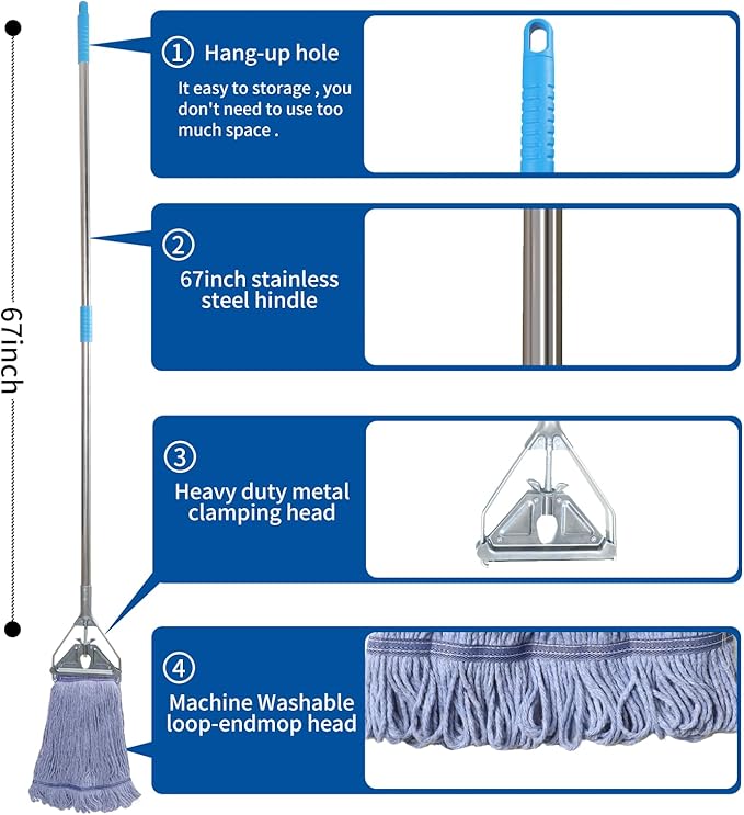 Heavy Duty Loop End String Mop, 67Inch Stainless Steel Handle, Commercial Industrial Grade Mop for Floor Cleaning, 2 Packs