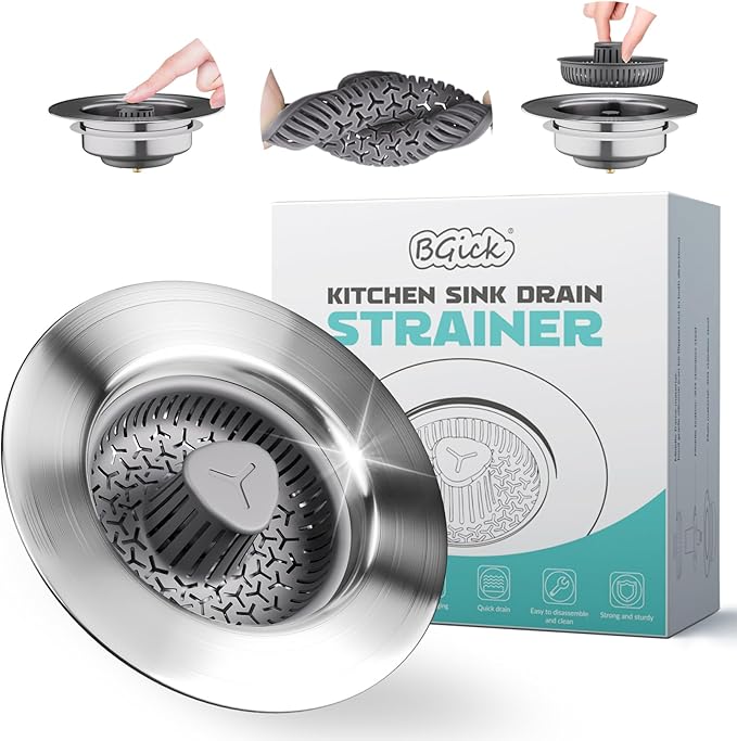 Silicone 3 in 1 Kitchen Sink Drain Strainer and Stopper Combo, 304 Stainless Steel Wraped Shell, Silicone Anti-Clogging Basket Strainer, with Handle for US Standard 3-1/2 Inch Drain