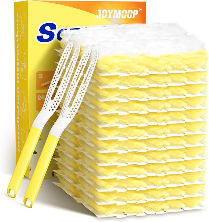 JOYMOOP Disposable Electrostatic Duster for Cleaning, with 2 Handles & 24 Ct Yellow Heavy Duty Refills for Swiffer Feather Duster, Household Cleaning Tool for Electronics, Dusting Furniture, Blinds