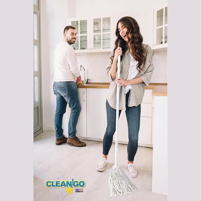 String MOP 100% Cotton, 43" Handle String Mop for Floor Cleaning with Scrubber, Hand Made in the USA for Ecofriendly Cleaning, Ultra Absorbent, Easy to Use and Clean, Machine Washable. (White)