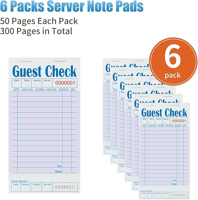 6 Pack Purple Guest Checks Books for Servers Server Note Pads, Waiter Checkbook, Waitress Notepad for Restaurants, Paper Checks 50 Sheets/Pack, 300 Total Tickets