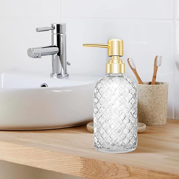 450ml Glass Soap Dispenser with Pump, 16 oz Diamond Cut Design Refillable Liquid Hand Soap Bottle Dispenser for Bathroom, Countertop, Kitchen, Laundry Room, Home Decor Accessories