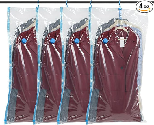 Spacesaver Hanging Vacuum Storage Bags (Pack of 4) - Vacuum Sealer Bags, Closet Organizer, Sealed Storage, Space Bag - Blanket, Bedding, Garment, Clothing, Dress, Suit, Long Coat, Jacket