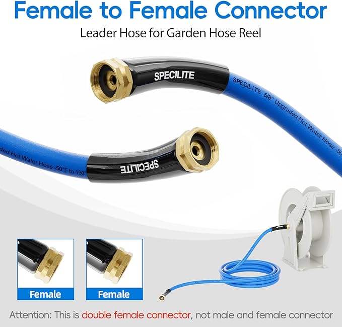 SPECILITE Female to Female Hot/Cold Garden Water Hose 10 ft x 5/8 Inch for Hose Reel, -50℉To 190℉, Heavy Duty, Flexible, Burst 605 Psi, Rubber Extension Pipe with 3/4" Brass Fittings