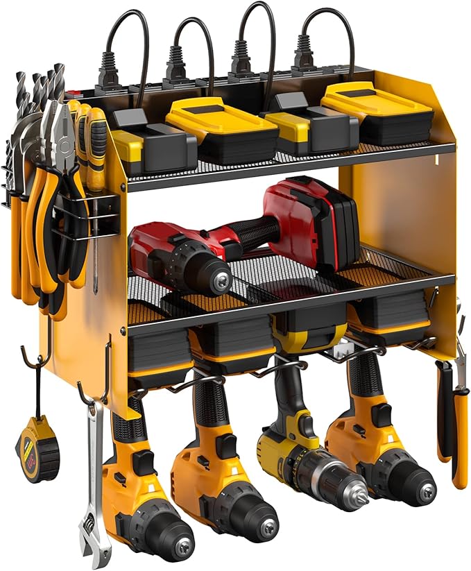 CCCEI Modular Power Tool Organizer Wall Mount with Charging Station. Garage Drill Storage Shelf with Hooks, Heavy Duty Rack, Tool Battery Holder Built in 8 Outlet. Gift for Men. Yellow.
