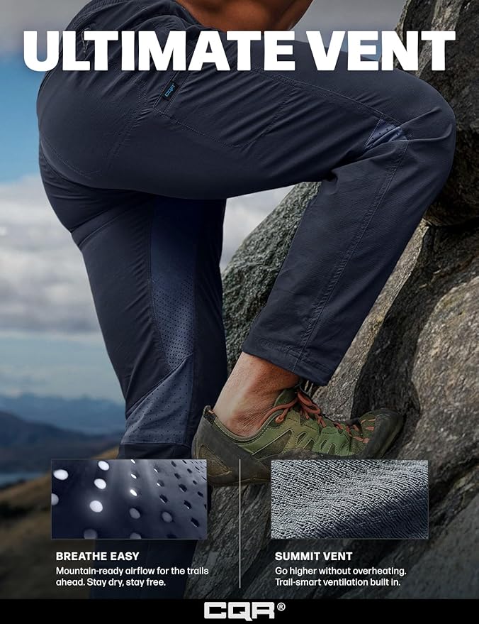 CQR Men's Lightweight Vent Hiking Pants, Water-Resistant & Breathable Sports Outdoor Athletic Pants with Elastic Waist