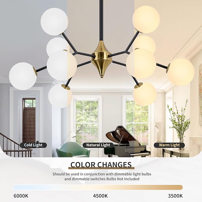 COCOSTAR Dining Room Chandelier, 10 Lights Modern Ceiling Light Fixture, Sputnik Chandelier, Chandeliers Over Table, Milk Globe, Black and Gold, G9 Base