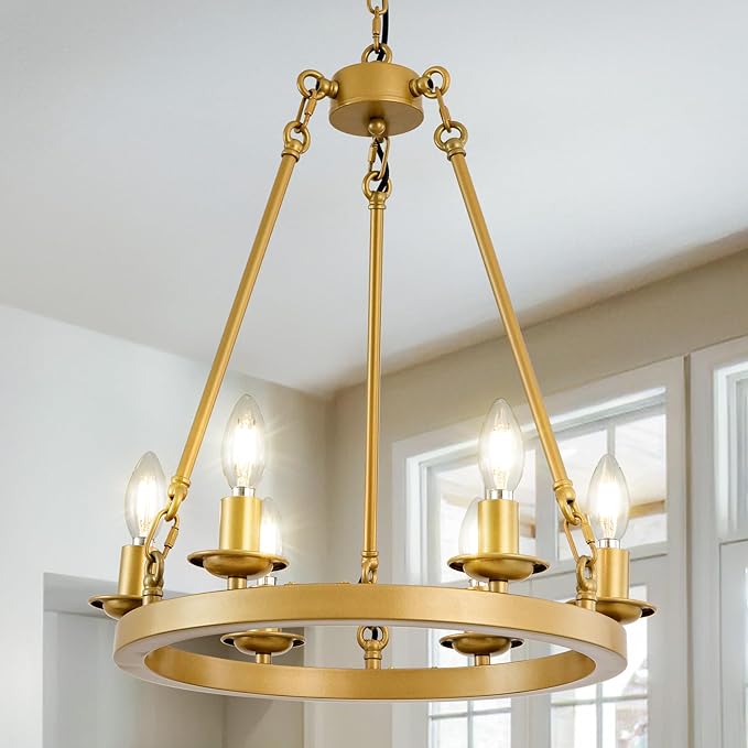 Wagon Wheel Chandelier, 6-Light Gold Modern Rustic Farmhouse Chandelier Adjustable Height Pendant Kitchen Light for Ceiling Hanging Dining Room, Living Room, Entryways, Foyer