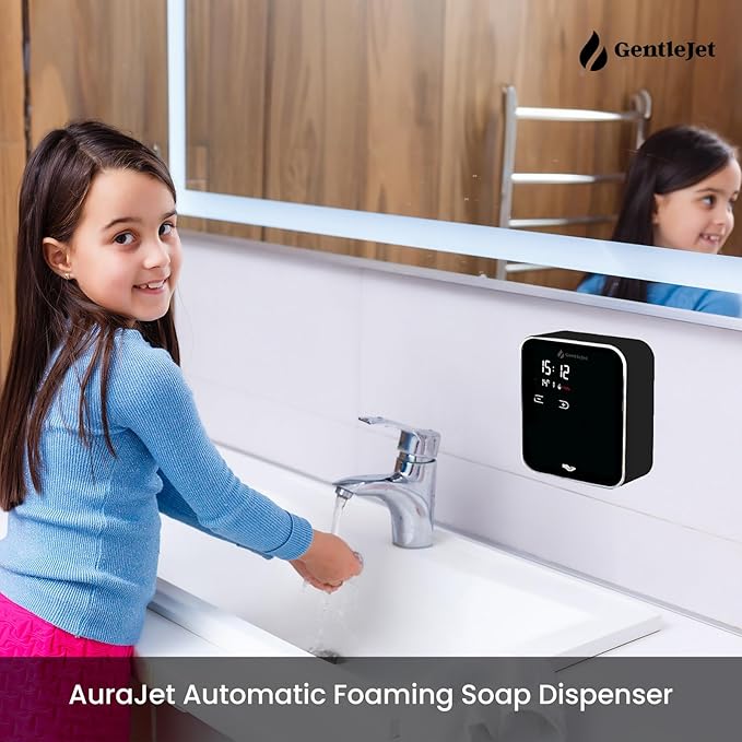 AuraJet Automatic Foaming Soap Dispenser, LED Display, Aluminum Alloy Body, 5 Foam Levels Adjustable, USB-C or Battery Powered, 16.2 oz Automatic Soap Dispenser Touchless Wall Mount