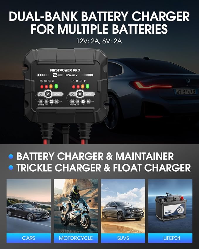 2-Bank, 4A (2A/Bank) Trickle Charger for Car Battery, 12V 6V Car Battery Charger, Automotive Battery Trickle Charger, Maintainer, for Motorcycle Lawn Mower AGM, Lithium Batteries-1PC