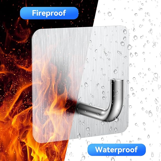 KRUI 8 Pcs Adhesive Wall Hooks for Emergency Fire Blankets, Heavy Duty Stainless Steel Wall Hanging Hooks Waterproof and Fireproof for Home Kitchen Bathroom Office