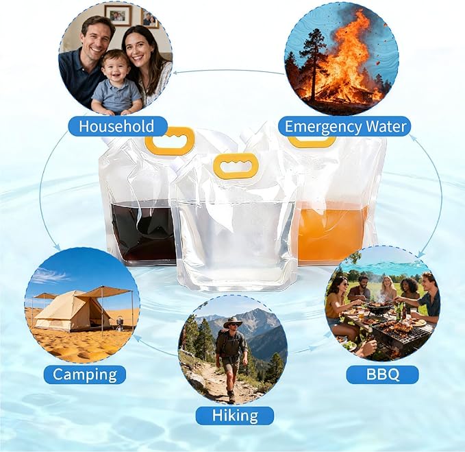 Collapsible Water Container Bag 8Pcs 1.3 Gallon, Freezable Plastic Foldable Water Pouch with Handles,Leak-Proof Plastic Storage Jug for Outdoor Sport Camping Emergency Survival