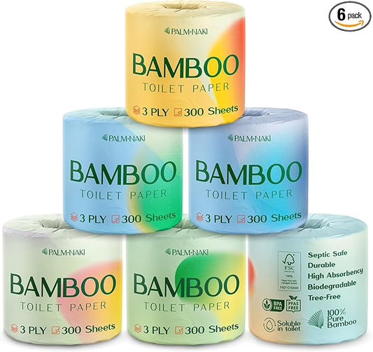 Premium Bamboo Toilet Paper | 3-Ply – Strong & Absorbent | Tree-Free, FSC Certified, BPA/PFAS-Free | Septic-Safe, Lint-Free | 6 Rolls (300 Sheets/Roll) | PALM NAKI