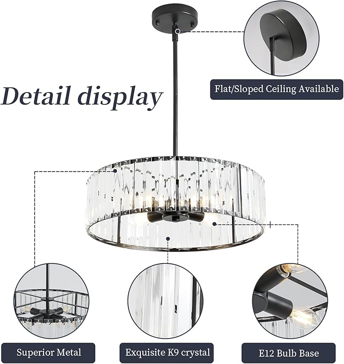 4-Light Black Crystal Chandelier for Dining Room,Modern Semi Flush Mount Ceiling Lighting Fixtures,Round Kitchen Hanging Drum Pendant Lights for Living Room Bedroom Foyer， 16 Inch