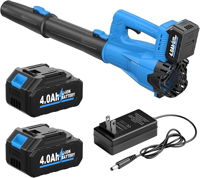 Leaf Blower Cordless, 21V Powerful Leaf Blower with 2 x 4.0Ah Battery & Fast Charger, Lightweight Electric Leaf Blowers for Lawn Care, Yard, Patio Cleaning, Blowing Leaves & Dust (Blue)