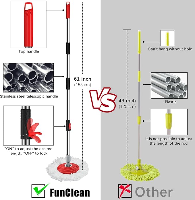 3-Section 35-to-61 Inch Spin Mop Extended Spin Mop Replacement Mop Handle Compatible with Round Spin Mop Bucket Cleaning System, Microfiber Mop Floor Head Mop - Red