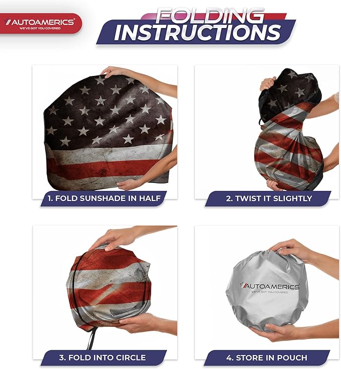 Autoamerics 1-Piece Windshield Sun Shade Grunge American Flag - 1 USA Design - Foldable Car Front Window Sunshade for Most Sedans SUV Truck - Blocks Max UV Rays and Keeps Your Vehicle Cool - Medium