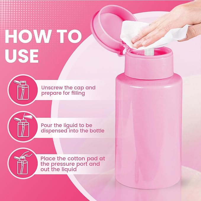 2 Pack Pink Push Down Pump Dispenser - Nail Polish Remover Pump Empty Refillable Bottle Containers for Makeup Remover Micellar Water Facial Toner, 200ml 6.7oz