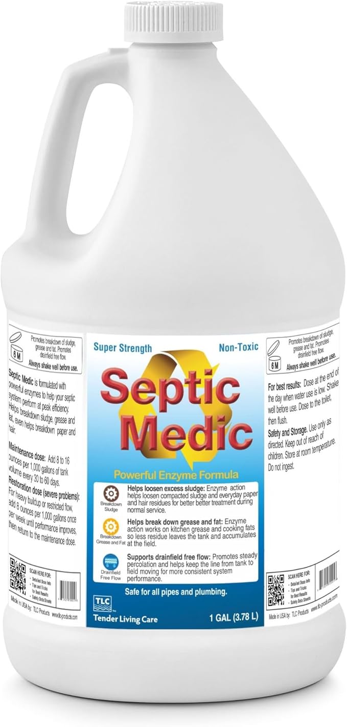 Septic Medic Septic Tank Treatment, Enzyme System Cleaner, Breakdown Sludge, Breakdown Grease and Fat, Supports Drainfield and Leach Field Free Flow, Backed by Science – 1 Gallon