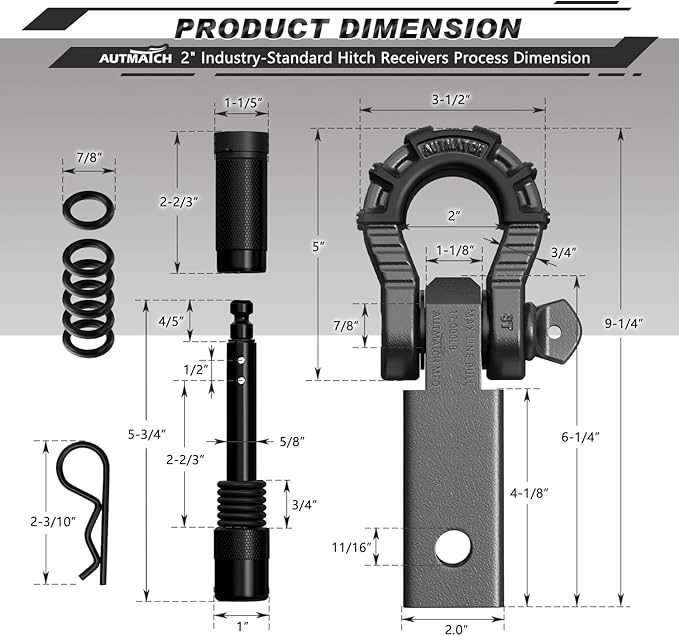 AUTMATCH Shackle Hitch Receiver 2" with 3/4" Mega D Ring Shackle and 5/8" Trailer Hitch Lock Pin, 68,000 Lbs Break Strength Heavy Duty Receiver Towing Kit for Off-Road Vehicle Recovery, Gunmetal Gray
