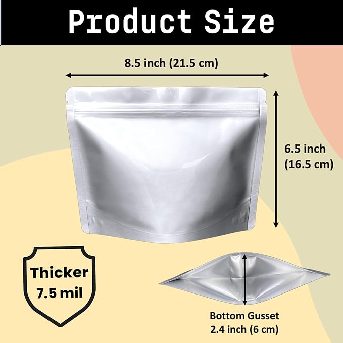 50 Pack 7.5 Mil Mylar Stand Up Bags - 8.5x6.5 Inches Resealable Smell Proof Pouch Bag withstand Hot Water - Heat Sealable Foil Zipper Sample Pouches for Food Storage - Glossy Silver