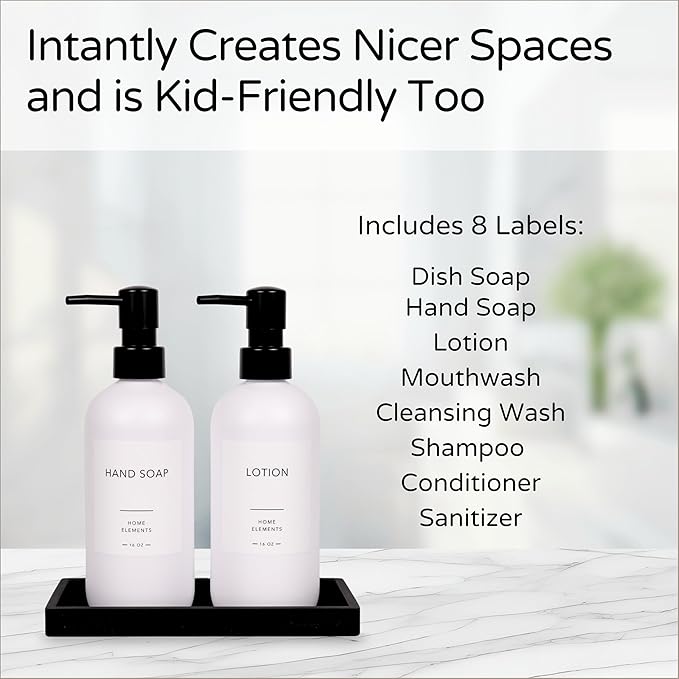 Plastic Soap Dispenser Set - PET Plastic Dish Soap Dispenser for Kitchen, Hand Soap Lotion Bottles with Pump Dispenser for Bathroom, Includes 8 Waterproof Labels, 16 oz, Black Silicone Tray