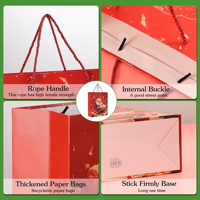 Rusikia 12 Christmas Gift Bags with 12 Tissues and 1 Satin Ribbon, Red Party Favor Bags Bulk with Handles, Glittery Cute Tree Balls Father Christmas Paper Bag for Wrapping, Present (Small 9"x7"x3")