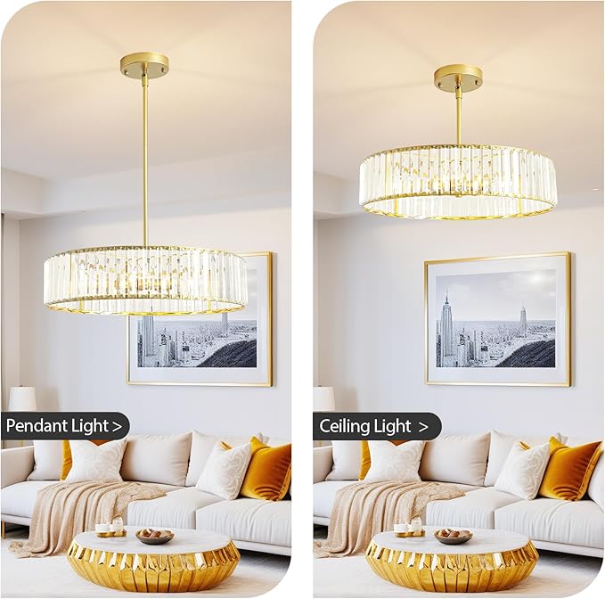 5-Light Gold Crystal Chandelier for Dining Room, Modern Semi Flush Mount Chandelier Lighting Fixtures, Round Kitchen Hanging Drum Pendant Lights Ceiling for Living Room Bedroom Entryway Foyer， 20 Inch