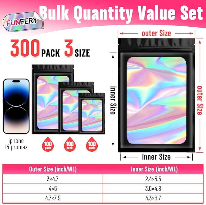 Funfery 300 Pack 3 Size Mylar Holographic Bags with Clear Window,Resealable Bag Smell Proof Bags Zipper Foil Baggie Packaging Pouch for Food Storage,Sample,Small Business(Black,3x4.7,4x6,4.7x7.9in)