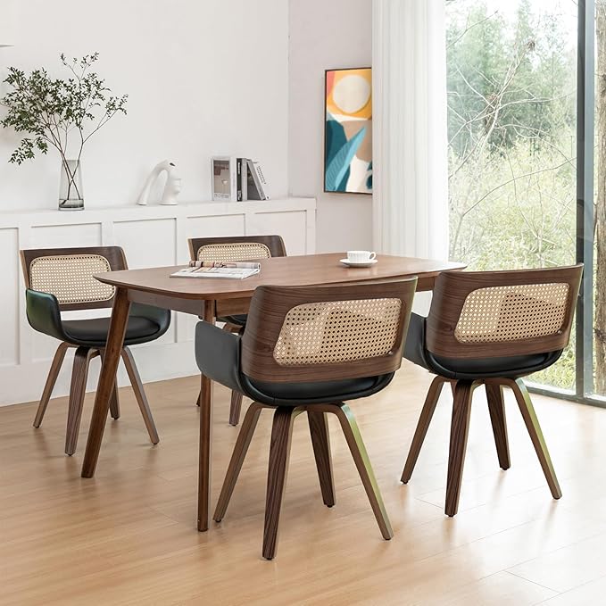 Set of 6 Mid Century Modern Dining Chairs - Rattan Dining Chairs with Curved Arms, Cane Back, Walnut Bentwood Frame, Faux Leather Seat, Versatile for Restaurant/Kitchen/Living Room (Walnut Black)