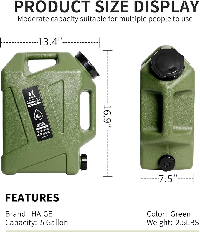 HAIGE 5 Gallon Water Jug with Spigot, BPA-Free Portable Water Container for Camping Picnic Hiking Emergency Water Storage, Green 5 Gal Water Tank with Handle & Lid