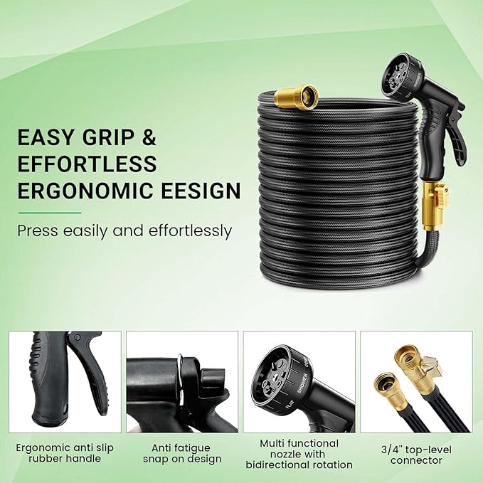 Non-Expandable Garden Hose 100 ft, Flexible Water Hose with 10 Function Nozzles, Leak-Proof Design High-Density Fabric&Shut-Off Valve, Hose Straps Garden Hose Pipe for Car Wash, Yard, Camper, Lawn