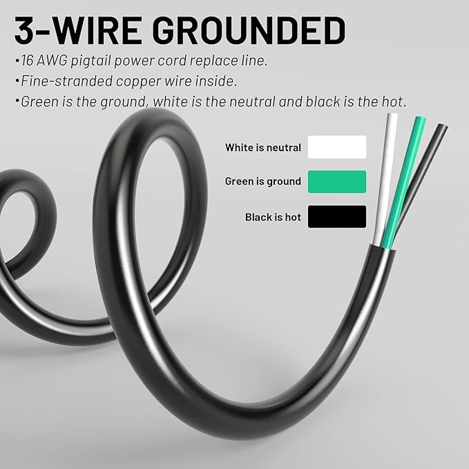 6 ft 16/3 Appliance and Power Tool Cord, 16 AWG 3 Prong Black Heavy Duty Replacement Power Cord with Open End, NEMA 5-15P, 125V AC Pigtail, 13A 1625W, ETL Listed