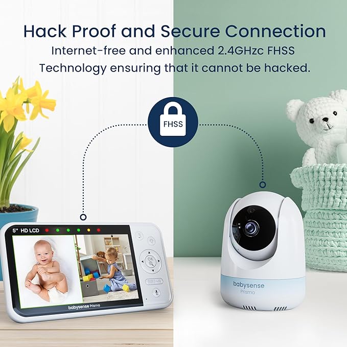 Babysense Prisma Baby Monitor with Camera and Audio, 5” HD Video Baby Monitor, 6-Color Night Light, Split Screen, Baby Sound Machine with White Noise & Lullabies, Secure No WiFi