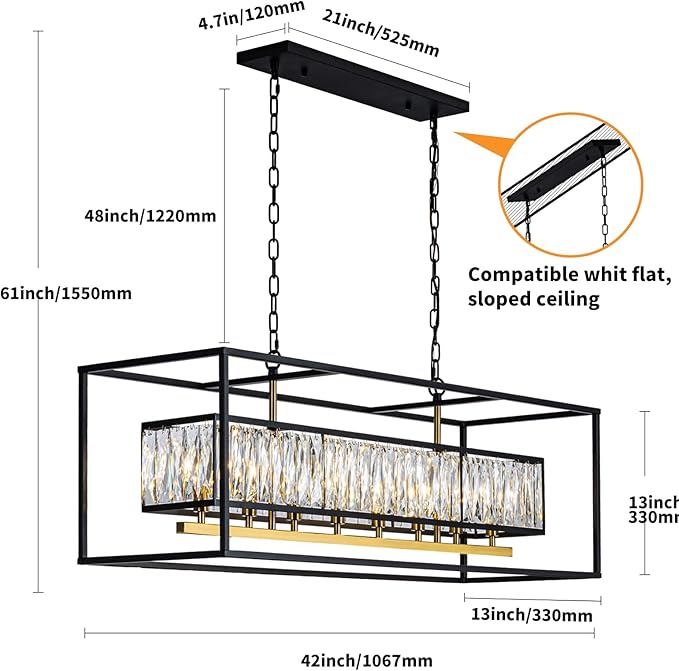 Large Modern Crystal Chandelier for Dining Room Black Rectangle K9 Crystal Raindrop Chandelier 8 Lights Rectangular Contemporary Ceiling Light Fixture for Kitchen Island Living Room L42''