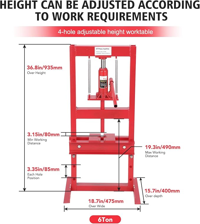 6 Ton Hydraulic Shop Press, H-Frame Garage Floor Adjustable Shop Bearing Press with Stamping Plates to Bend, Straighten, Or Press Parts, Install Bearings & U-Joints